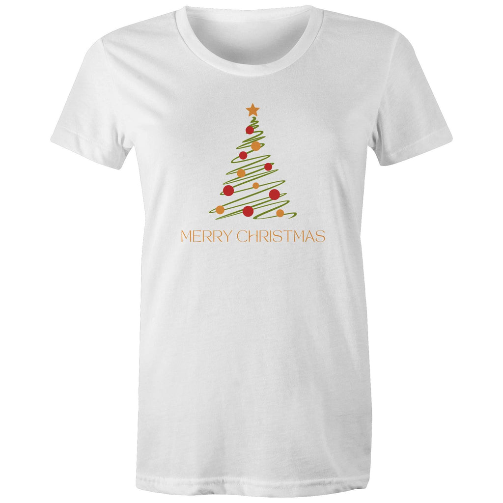 Christmas Tree Line Drawing - Womens T-shirt White Womens Christmas T-shirt Christmas Printed In Australia