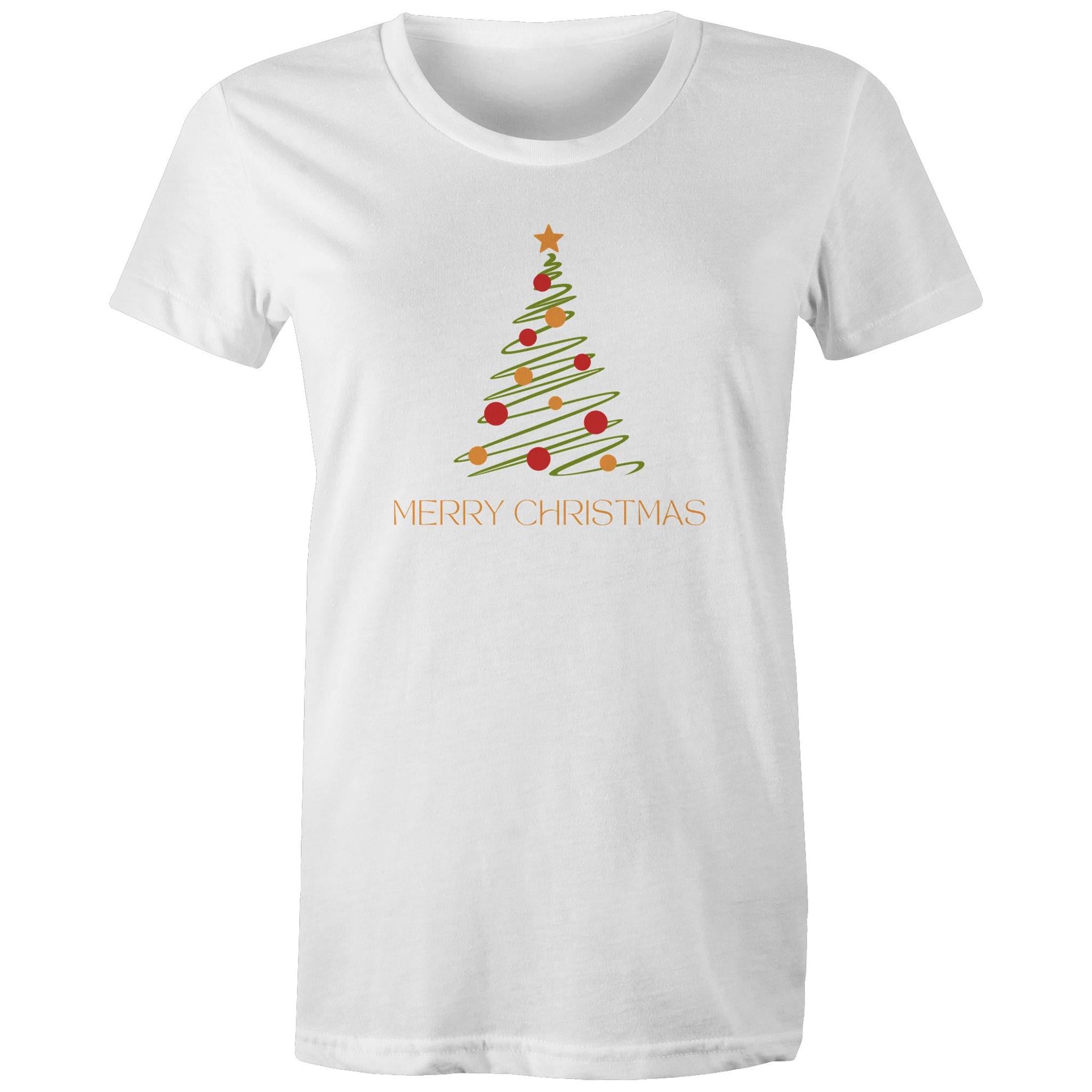 Christmas Tree Line Drawing - Womens T-shirt White Womens Christmas T-shirt Christmas Printed In Australia