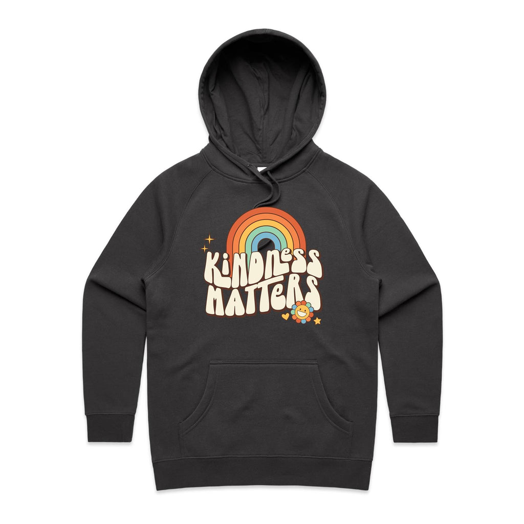 Kindness Matters - Womens Hoodie Coal Womens Hoodie Kindness Positivity Printed In Australia Retro
