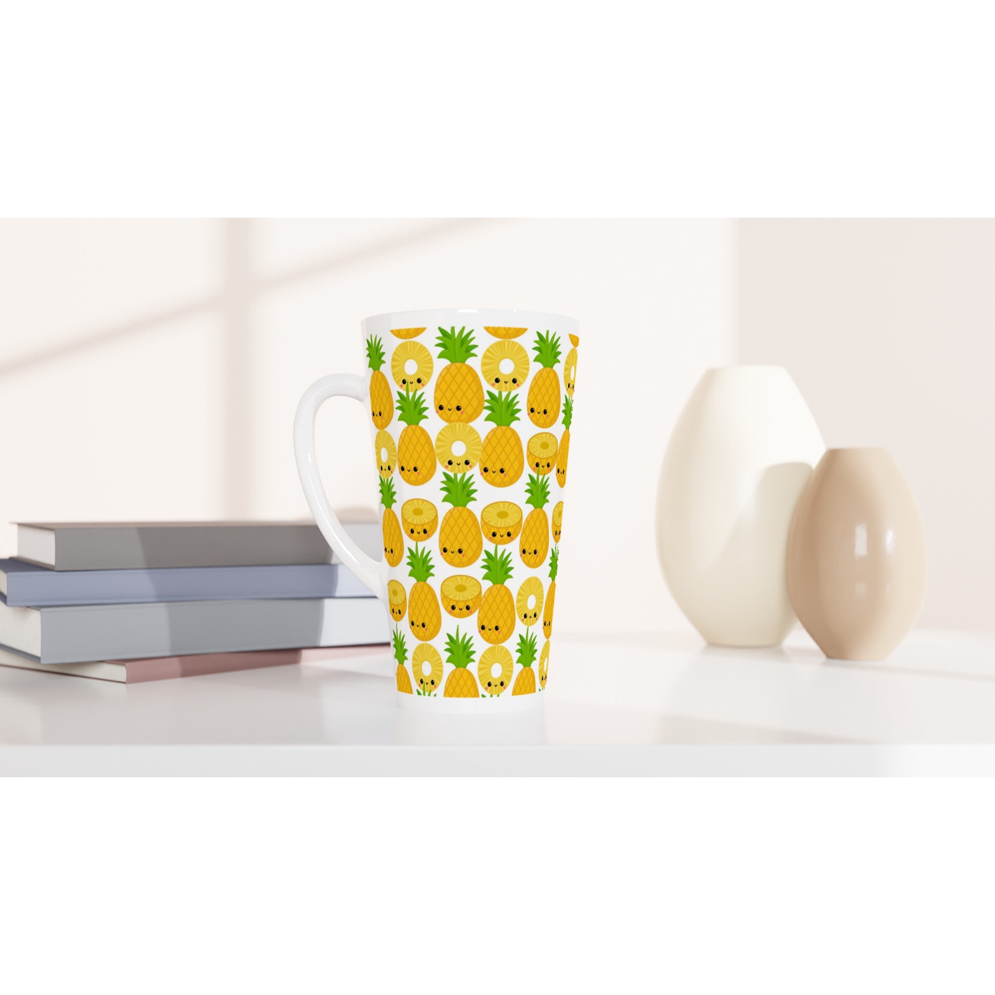 Happy Pineapples - White Latte 17oz Ceramic Mug Latte Mug food Globally Fulfilled