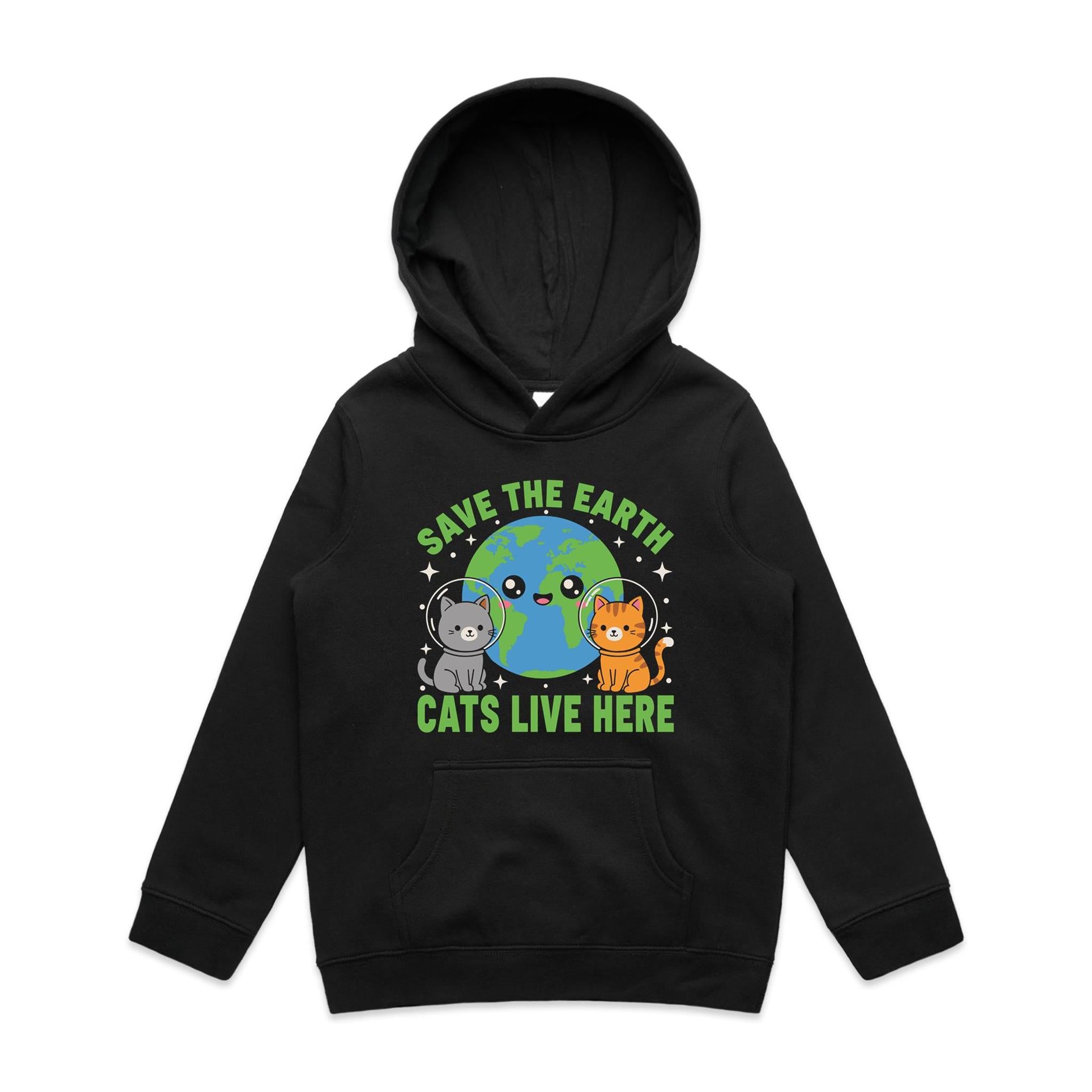Save The Earth, Cats Live Here - Kid's AS Colour Hoodie Black Kids Hoodie animal Environment Printed In Australia