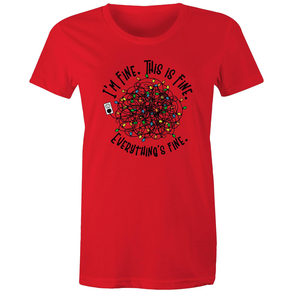 Tangled Christmas Lights, I'm Fine, This Is Fine, Everything Is Fine - Womens T-shirt Red Womens Christmas T-shirt Christmas Printed In Australia