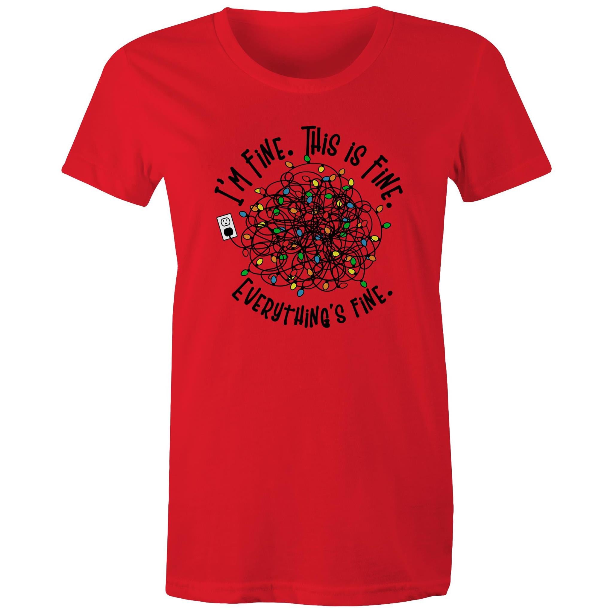 Tangled Christmas Lights, I'm Fine, This Is Fine, Everything Is Fine - Womens T-shirt Red Womens Christmas T-shirt Christmas Printed In Australia