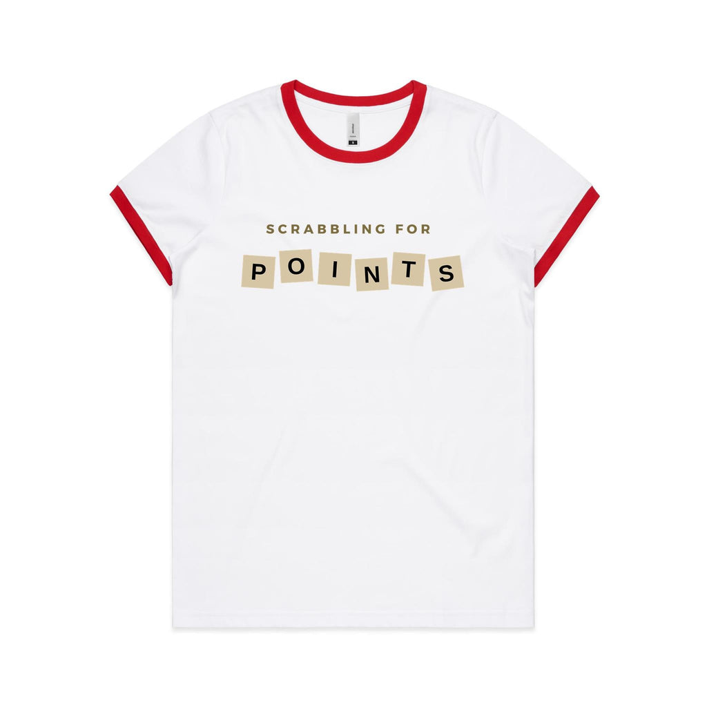 Scrabbling For Points - Women's Ringer Tee White Red Womens Ringer T-shirt Games Printed In Australia