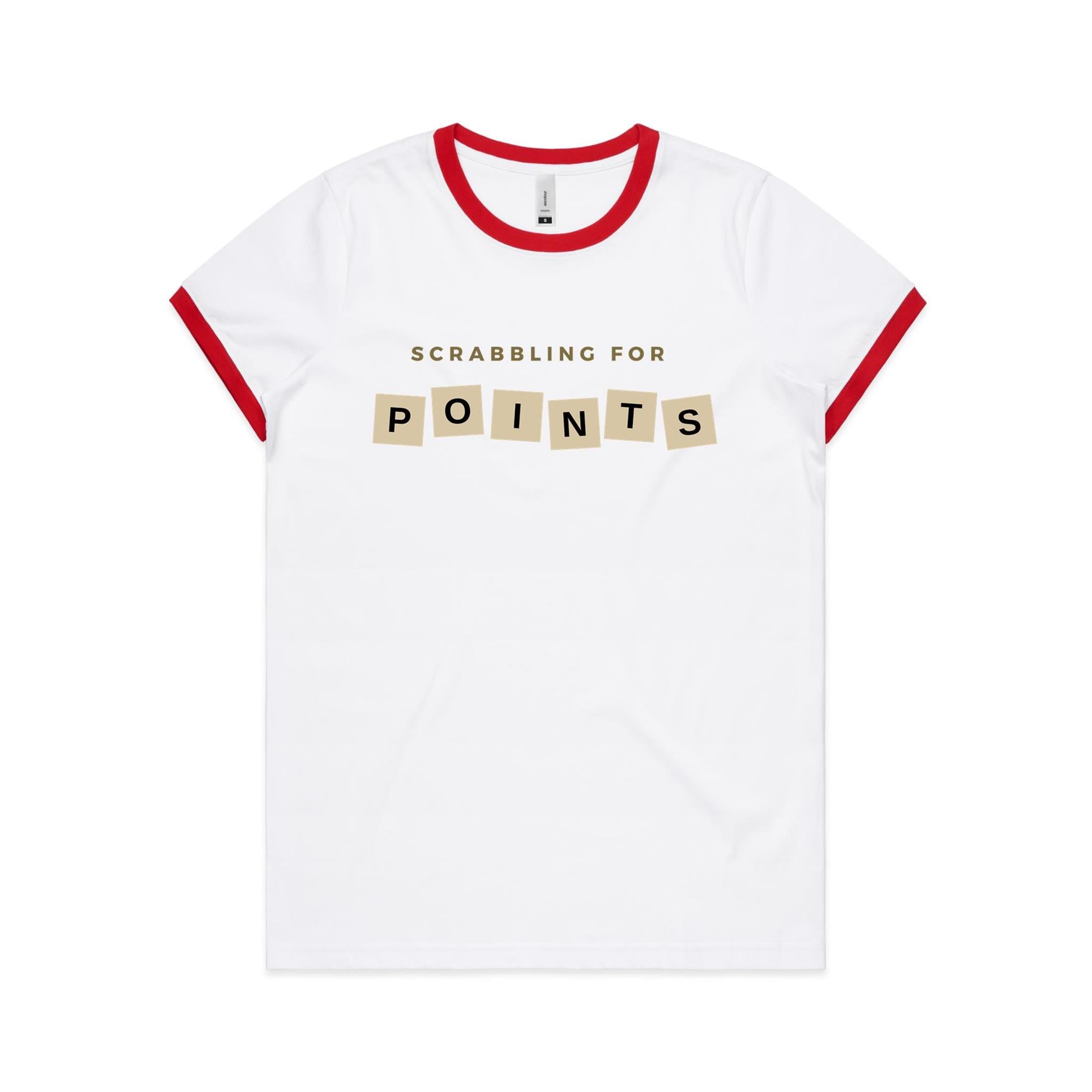 Scrabbling For Points - Women's Ringer Tee White Red Womens Ringer T-shirt Games Printed In Australia