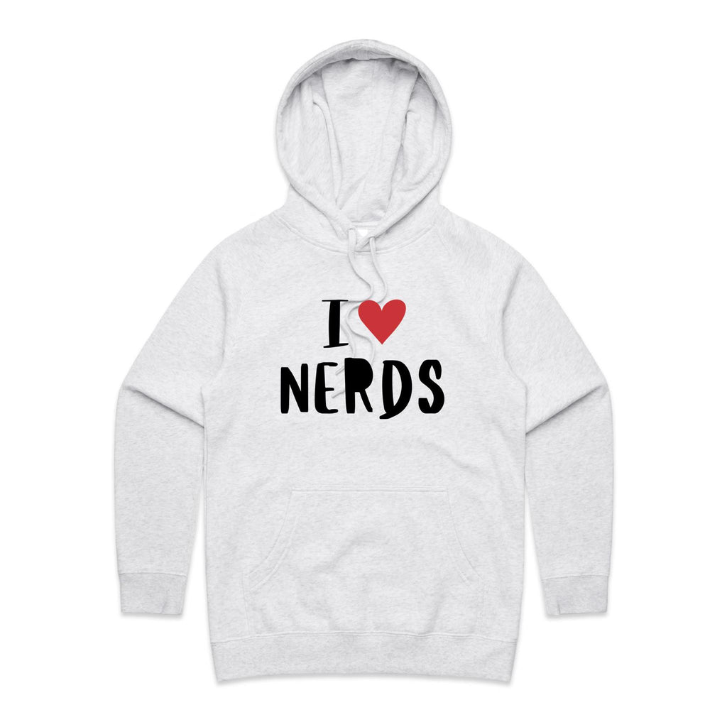 I Love Nerds, Red Heart - Womens Hoodie White Marle Womens Hoodie Love Printed In Australia