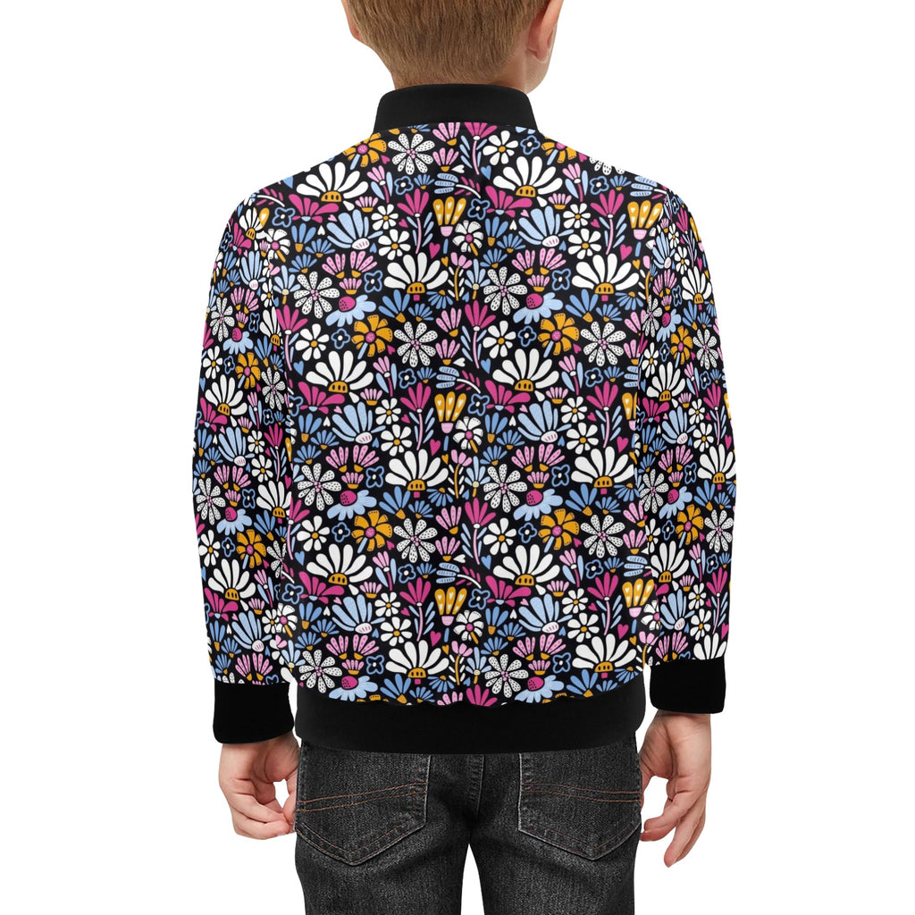 Graphic Flowers On Black Kids Bomber Jacket Kids Bomber Jacket Plants Printed Offshore