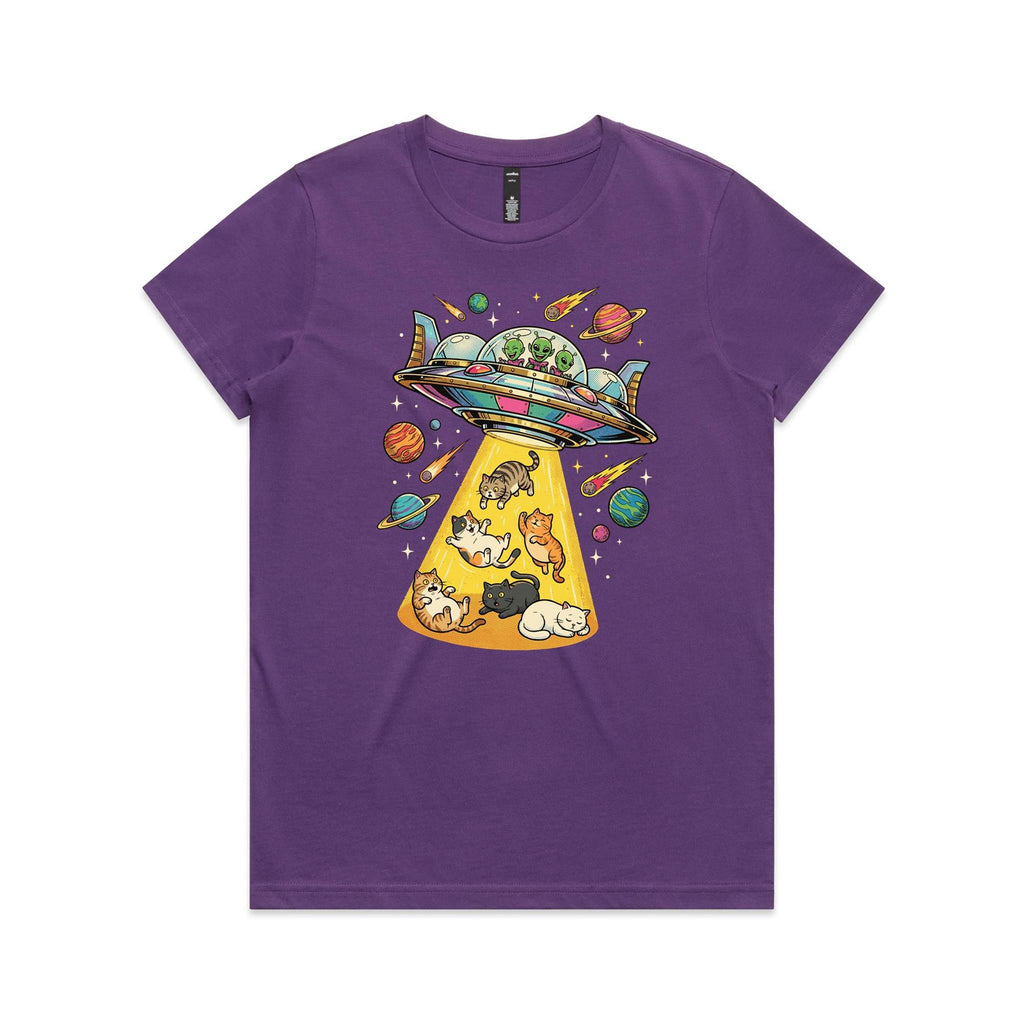 UFO Cat Abduction Women's AS Colour T-shirt Purple Womens T-shirt animal Printed In Australia Sci Fi