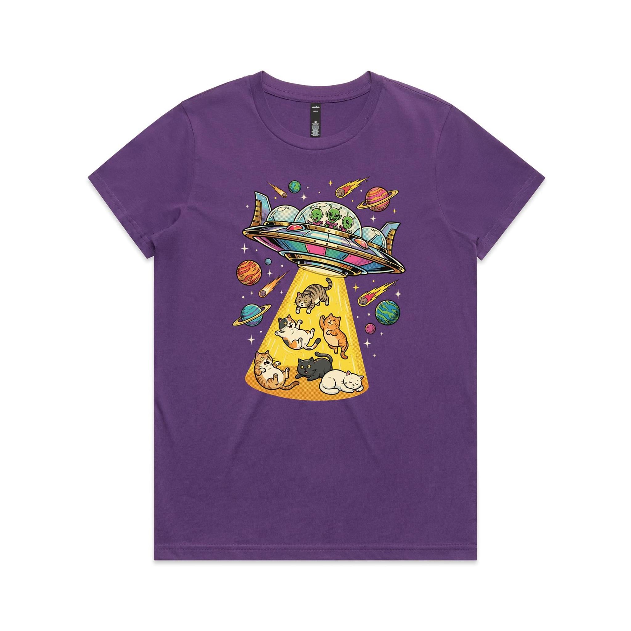 UFO Cat Abduction Women's AS Colour T-shirt Purple Womens T-shirt animal Printed In Australia Sci Fi