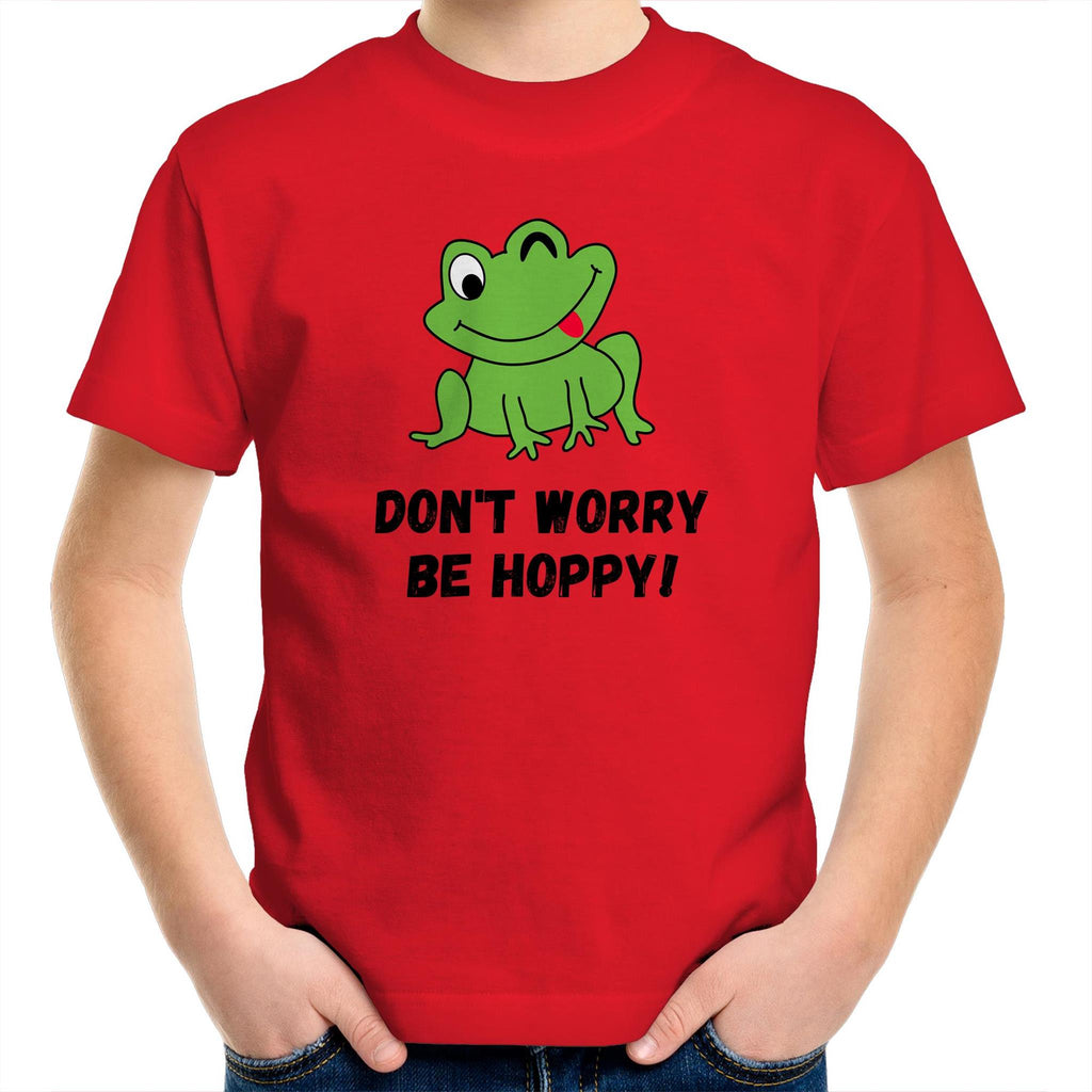 Don't Worry Be Hoppy, Frog - Kids Youth T-Shirt Red Kids Youth T-shirt animal Printed In Australia
