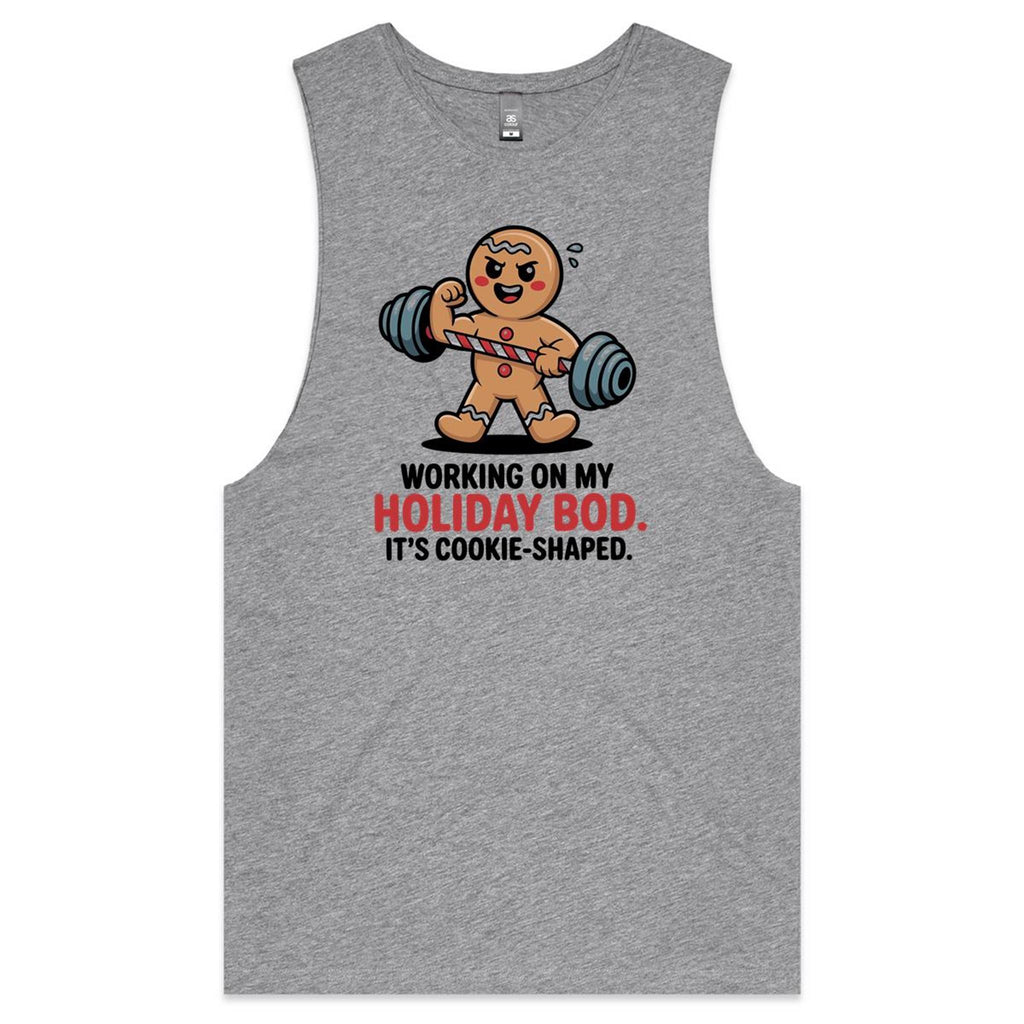 Gingerbread Man Christmas Bod - Tank Top Tee Grey Marle Drop Arm Tank Top Christmas Fitness Food Printed In Australia