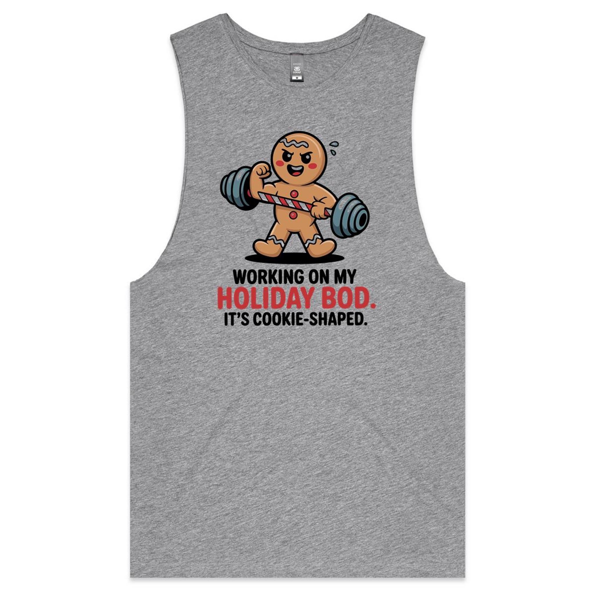 Gingerbread Man Christmas Bod - Tank Top Tee Grey Marle Drop Arm Tank Top Christmas Fitness Food Printed In Australia