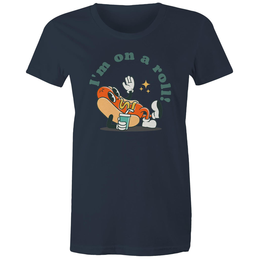 Hotdog, I'm On A Roll - Womens T-shirt Navy Womens T-shirt Food Printed In Australia