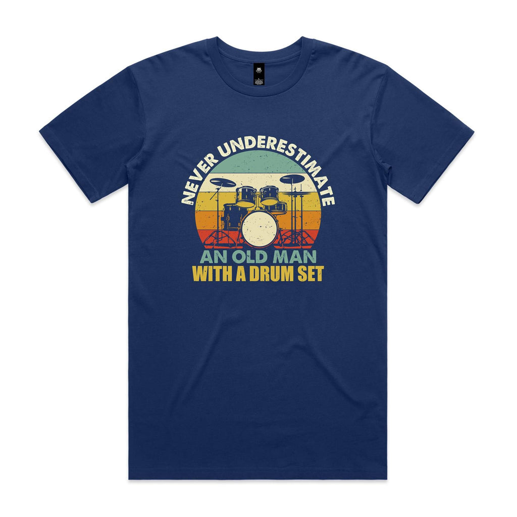 Never Underestimate An Old Man With A Drum Set Men's AS Colour T-shirt Cobalt Mens T-shirt Music Printed In Australia