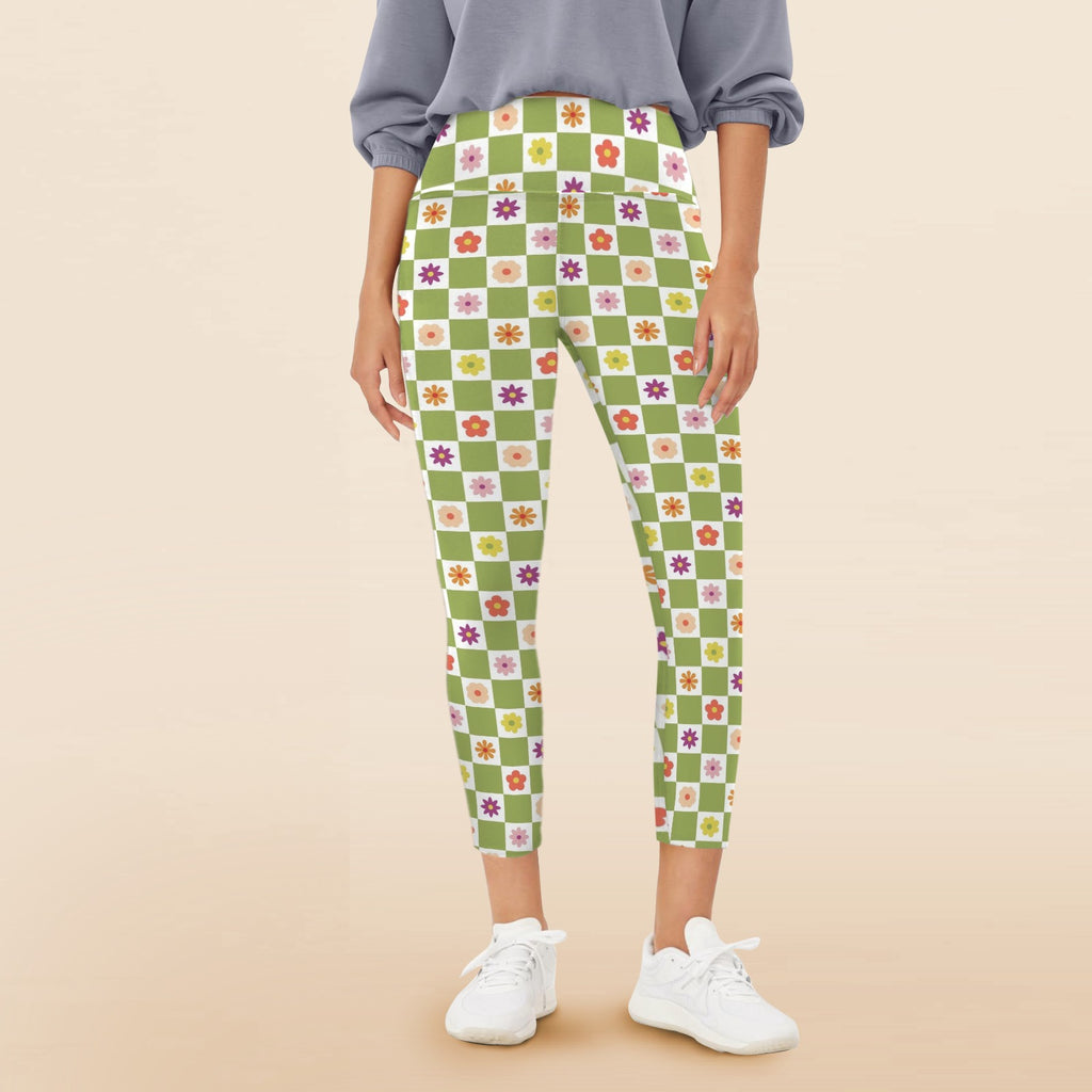 Flower Check Women's High Waist Pockets Yoga Leggings