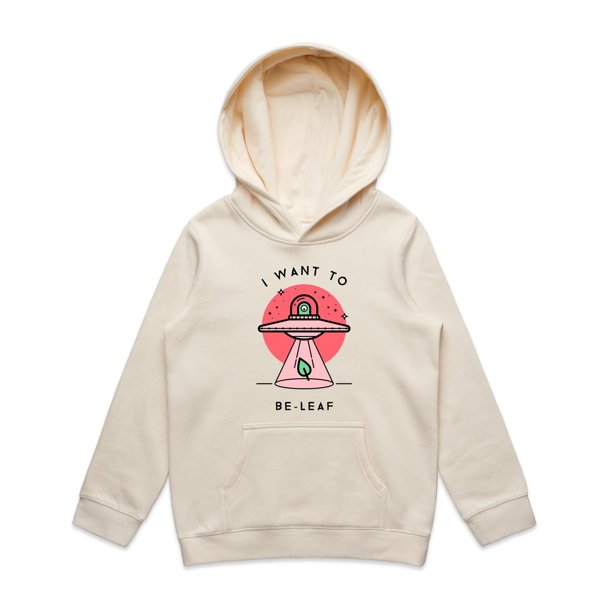 UFO, I Want To Be-Leaf - Kids Hoodie Ecru Kids Hoodie Printed In Australia