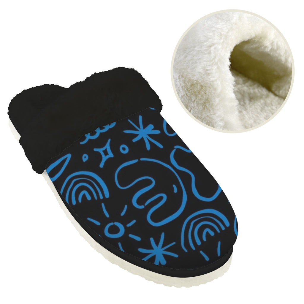 Blue Squiggle Men's Fur Trim Thick-Sole Indoor Slippers Men's Fur Trimmed Slippers Printed Offshore