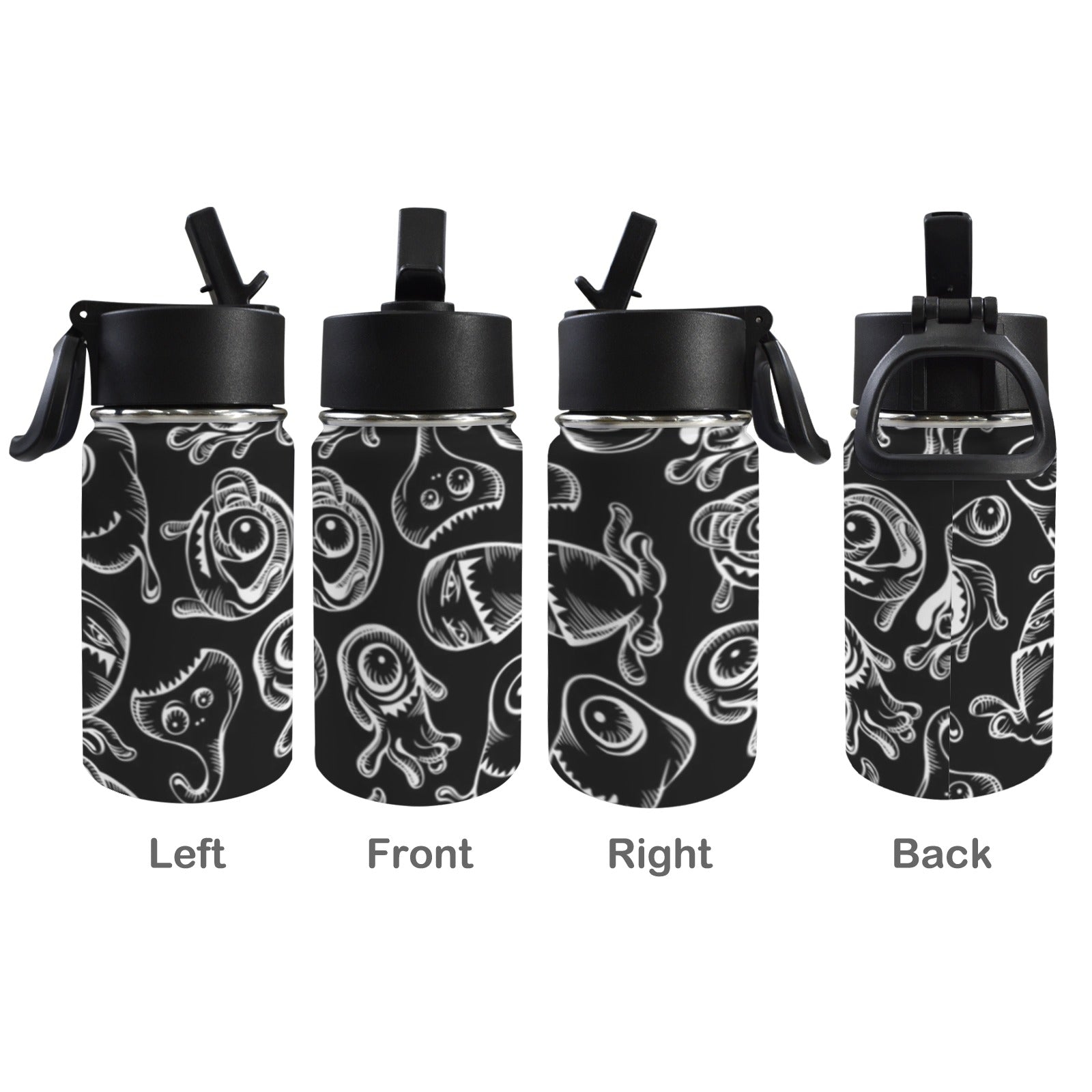 Monsters In Black And White 12oz Kids Water Bottle with Straw Lid