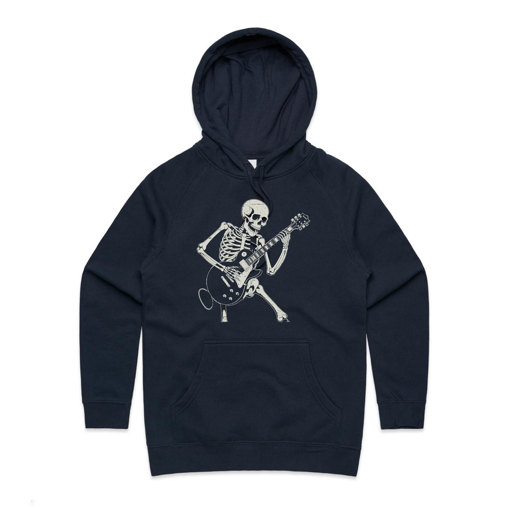 Skeleton Playing Guitar Women's AS Colour Hoodie Navy Womens Hoodie Music Printed In Australia