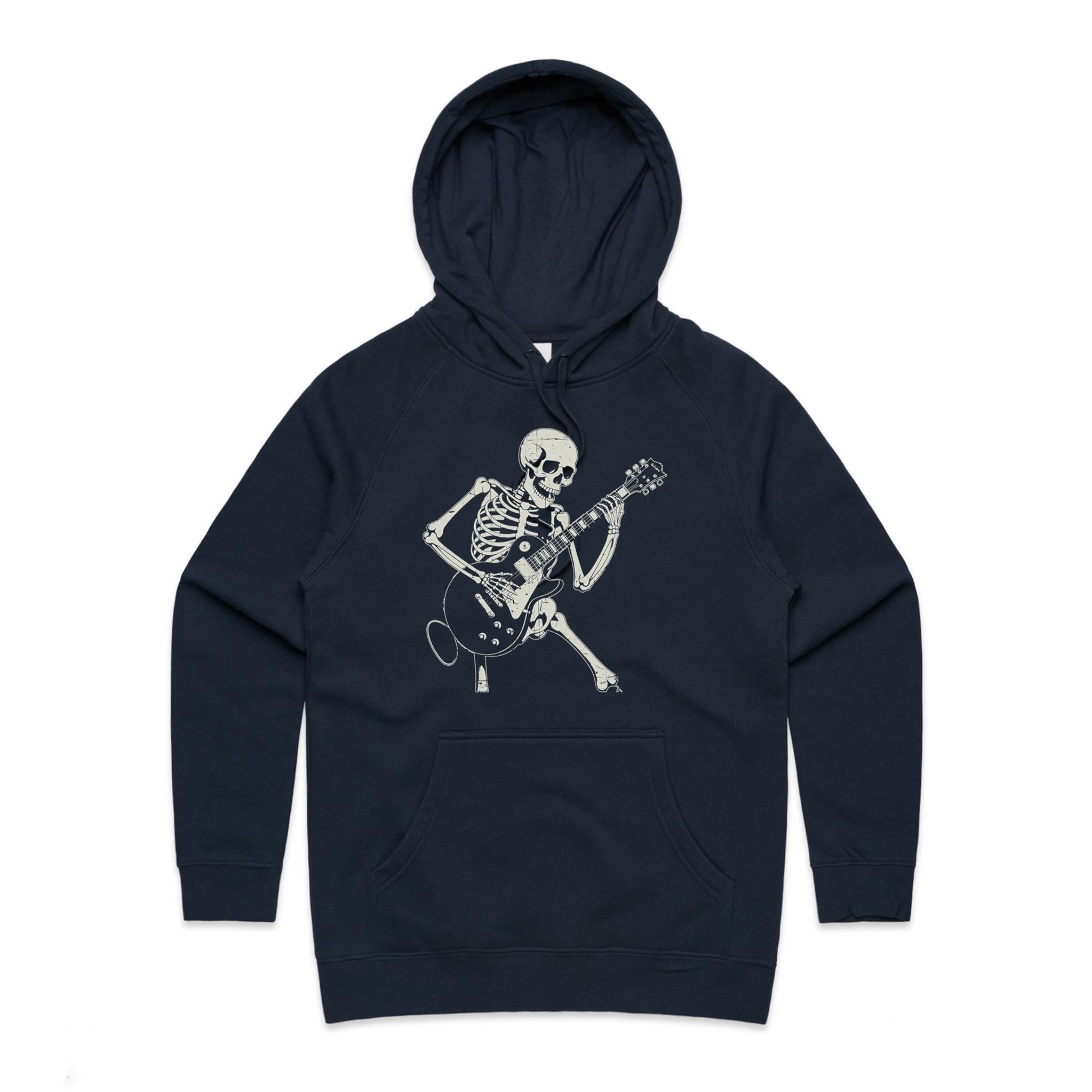 Skeleton Playing Guitar Women's AS Colour Hoodie Navy Womens Hoodie Music Printed In Australia