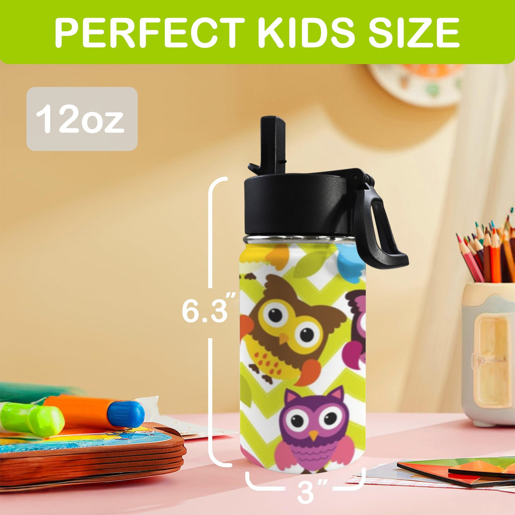 Owls On Stripes 12oz Kids Water Bottle with Straw Lid