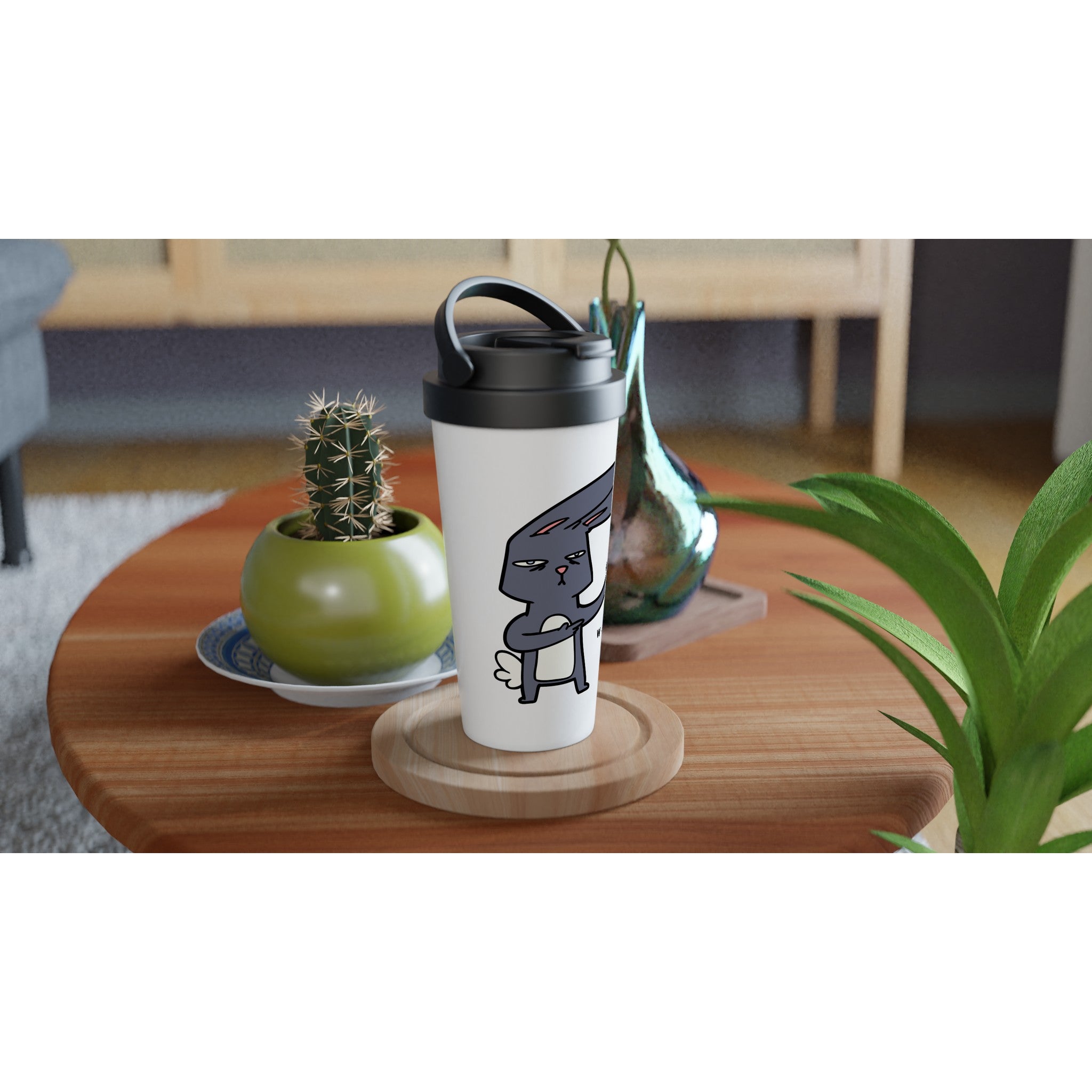 Wake Up, Coffee Rabbit - White 15oz Stainless Steel Travel Mug Travel Mug animal Coffee Globally Fulfilled