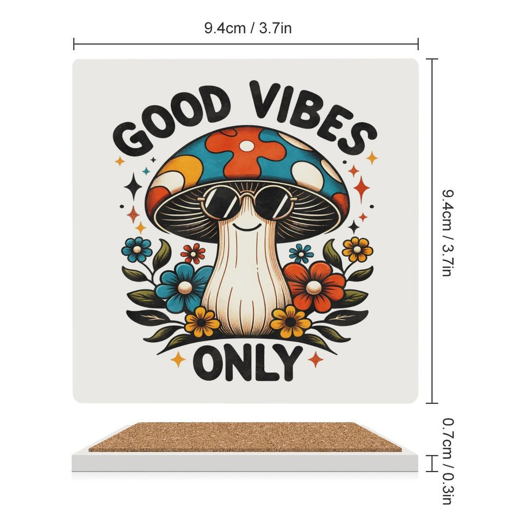 Good Vibes Only, Hippie Mushroom Ceramic Coasters (Square) Ceramic Coasters Positivity Printed Offshore Retro
