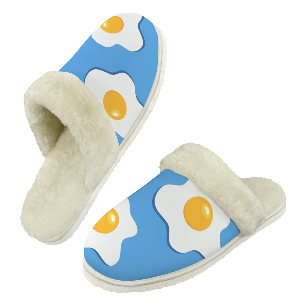 Fried Eggs Men's Fur Trim Thick-Sole Indoor Slippers 2XL Men's Fur Trimmed Slippers Food Printed Offshore