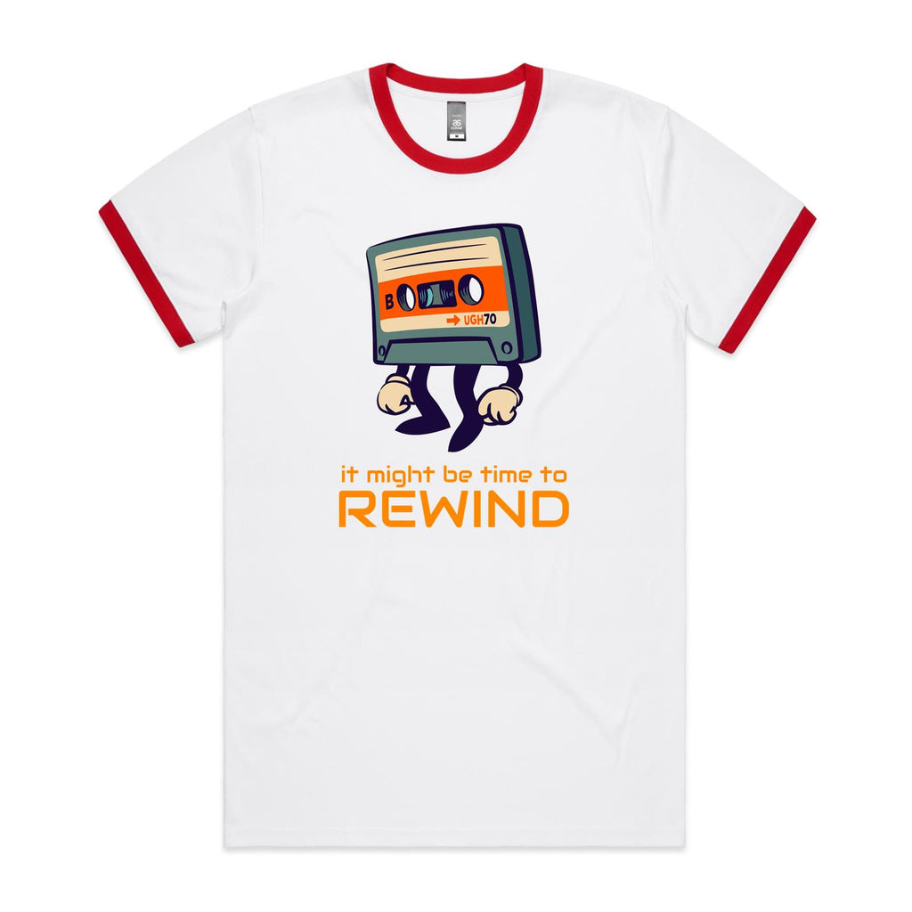 It Might Be Time To Rewind, Cassette Tape - Staple Ringer Tee White Red Ringer T-Shirt Music Printed In Australia Retro
