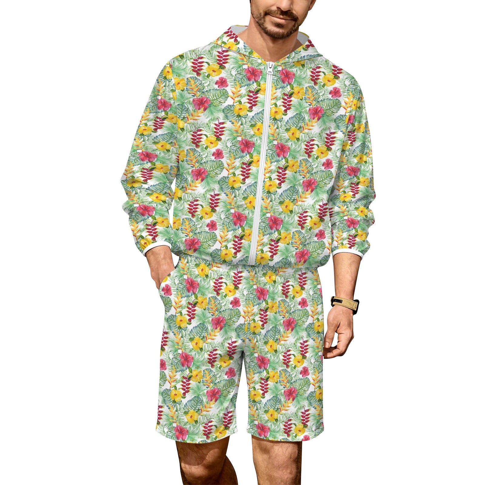 Tropical Flowers On White Men's Lightweight Sun Hoodie & Shorts Set 4XL Men's Lightweight Sun Hoodie & Shorts Plants Printed Offshore