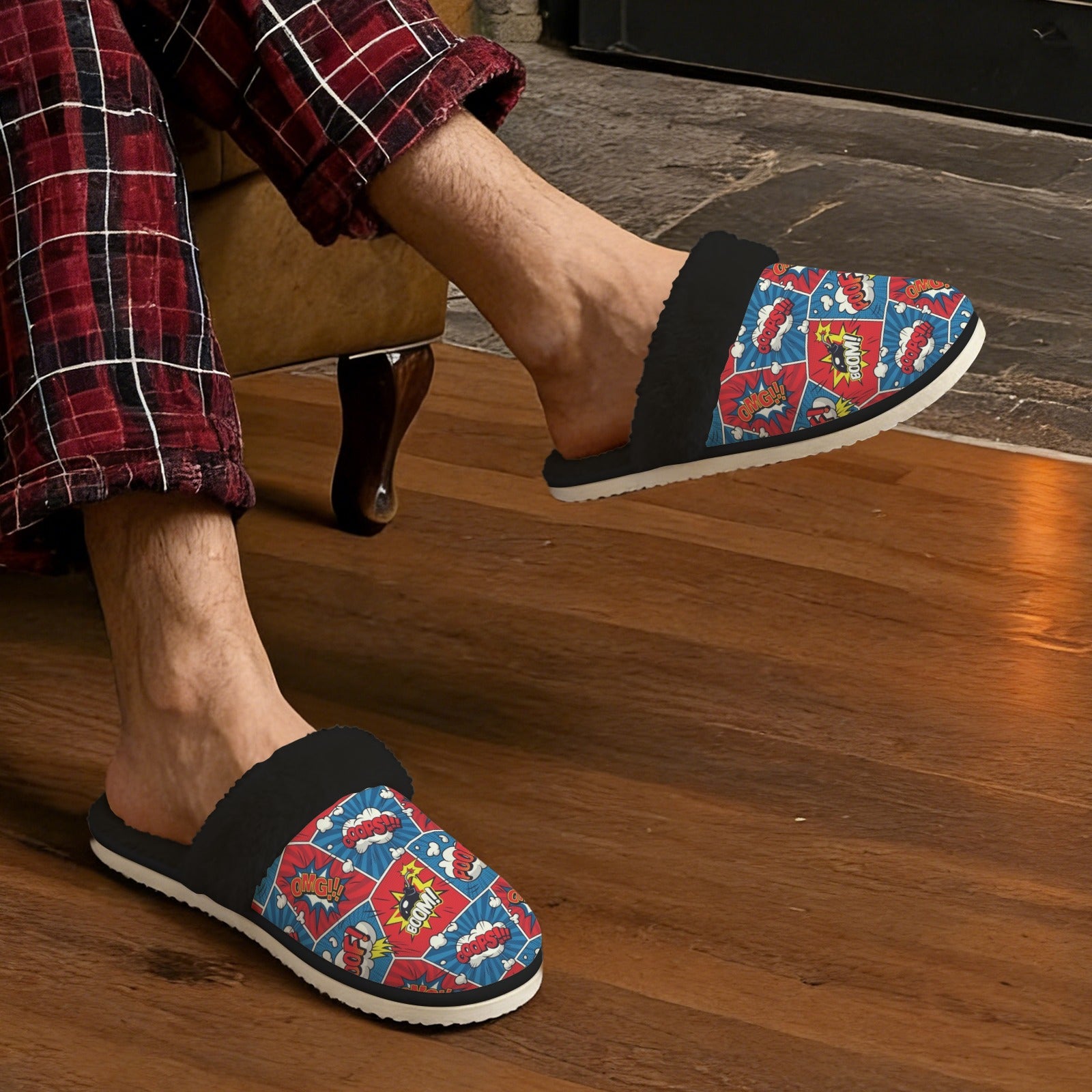 Comic Book Cells Men's Fur Trim Thick-Sole Indoor Slippers Men's Fur Trimmed Slippers comic Printed Offshore