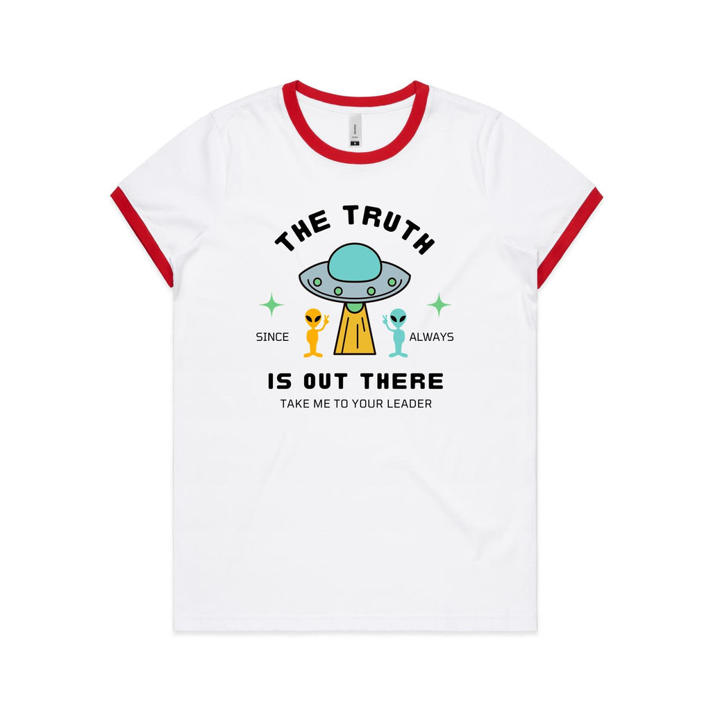 The Truth Is Out There - Women's Ringer Tee White Red Womens Ringer T-shirt Printed In Australia Sci Fi