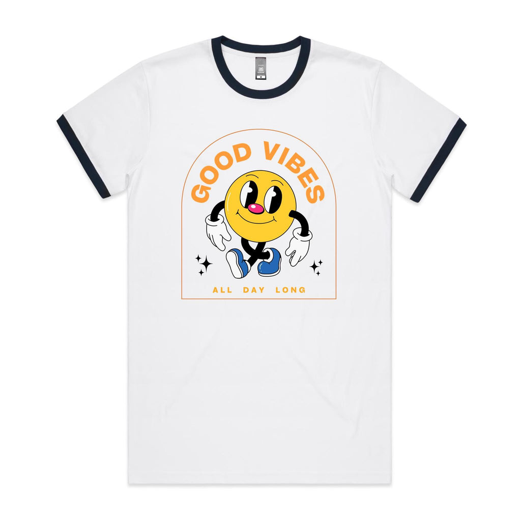 Good Vibes All Day Long - Staple Ringer Tee White Navy Ringer T-Shirt Positivity Printed In Australia