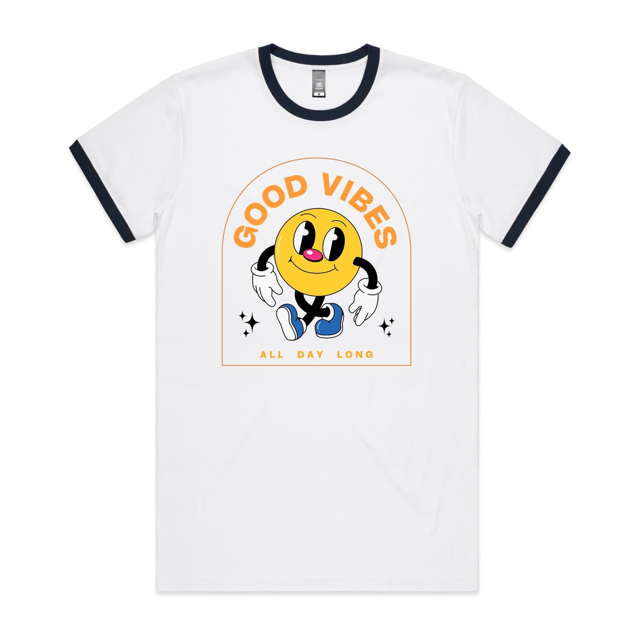 Good Vibes All Day Long - Staple Ringer Tee White Navy Ringer T-Shirt Positivity Printed In Australia