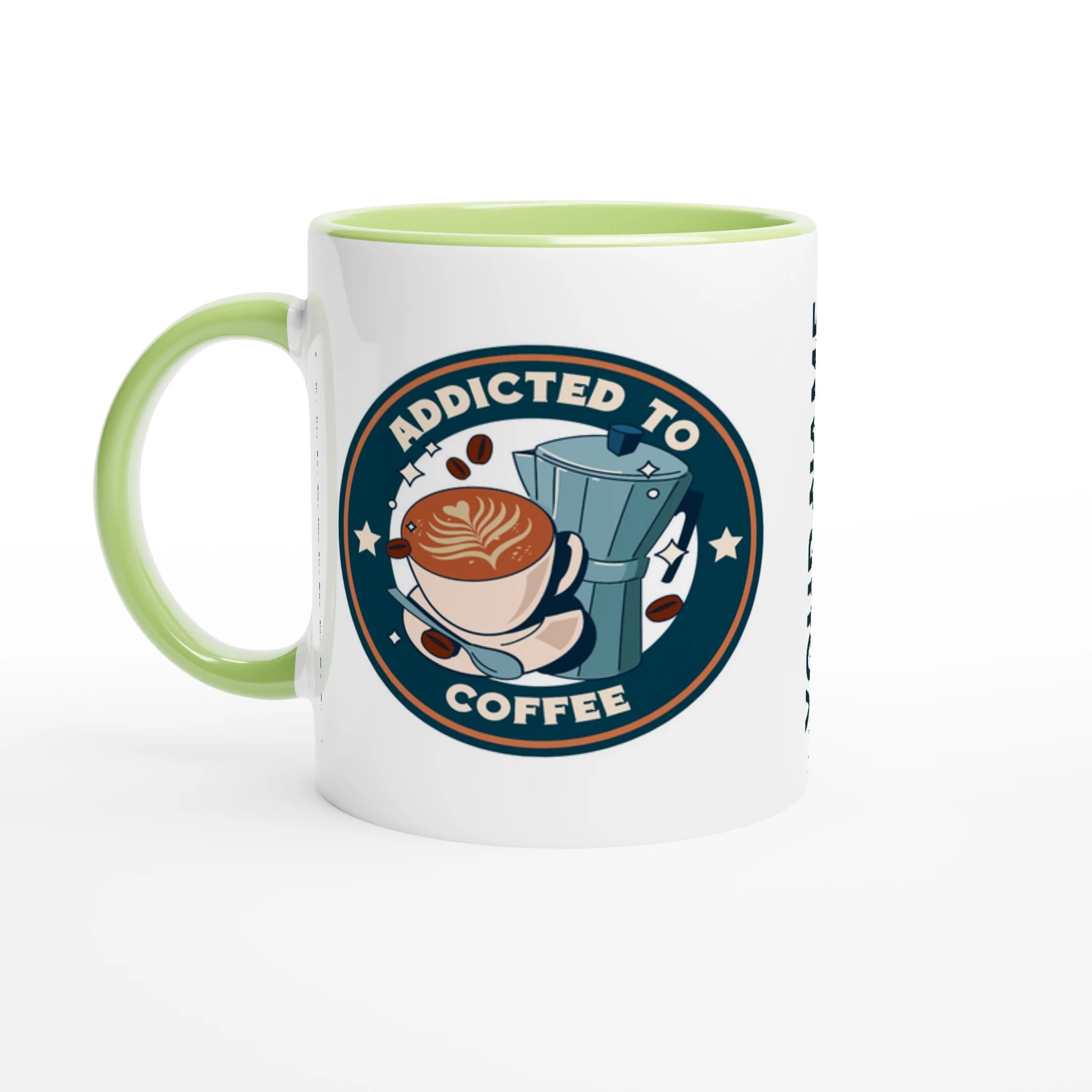 Personalised - Addicted To Coffee - White 11oz Ceramic Mug with Colour Inside Ceramic Green Personalised 11oz Mug Coffee customise Globally Fulfilled personalise