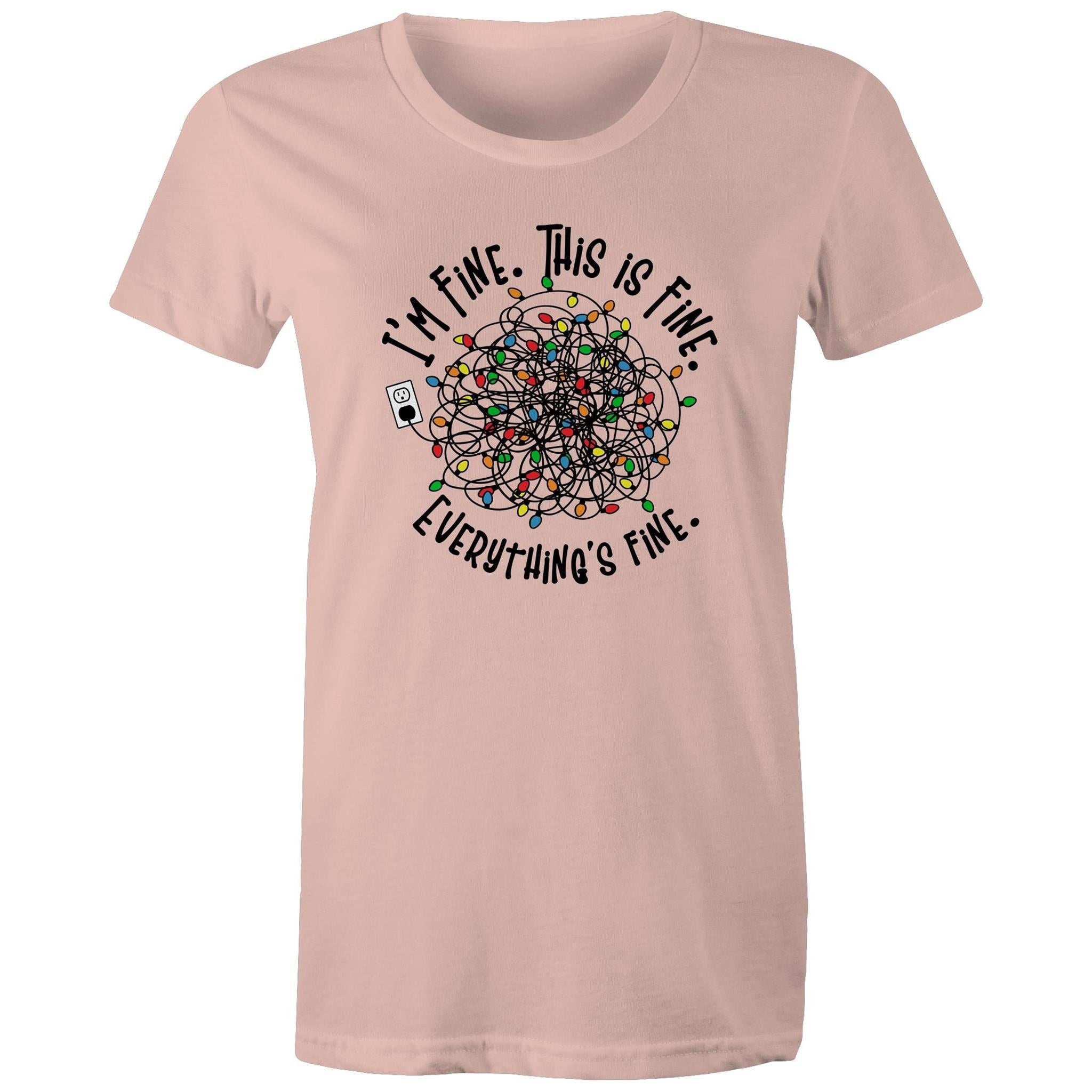 Tangled Christmas Lights, I'm Fine, This Is Fine, Everything Is Fine - Womens T-shirt Pale Pink Womens Christmas T-shirt Christmas Printed In Australia