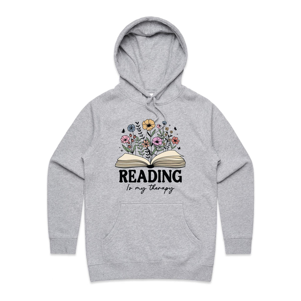 Reading Is My Therapy - Womens Hoodie Grey Marle Womens Hoodie Printed In Australia Reading