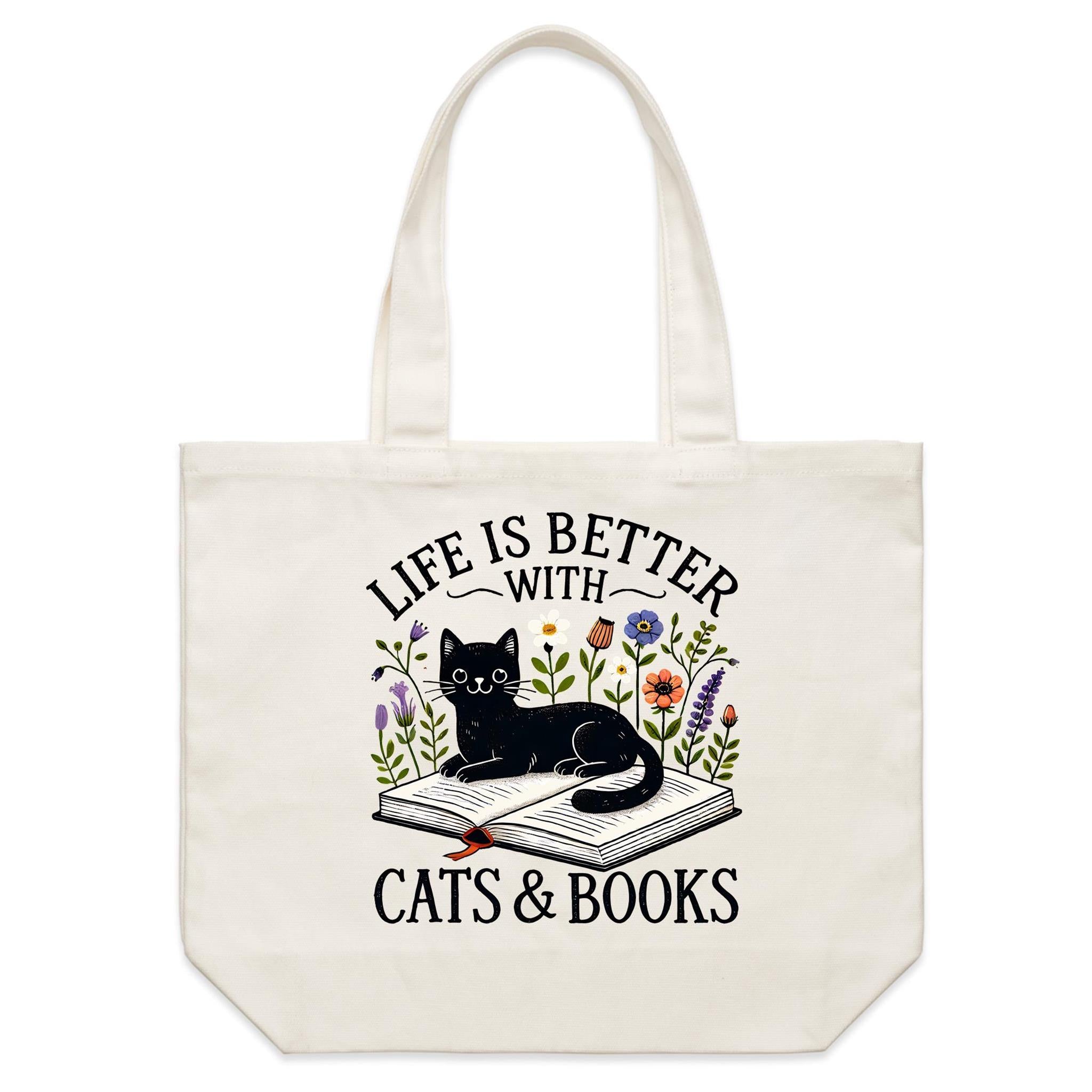 Life Is Better With Cats And Books - Shoulder Canvas Tote Bag Default Title Large Tote Bag animal Printed In Australia Reading