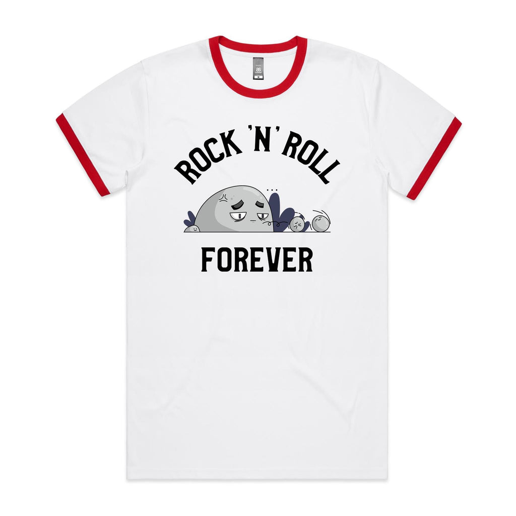 Rock And Roll Forever - Staple Ringer Tee White Red Ringer T-Shirt Music Printed In Australia