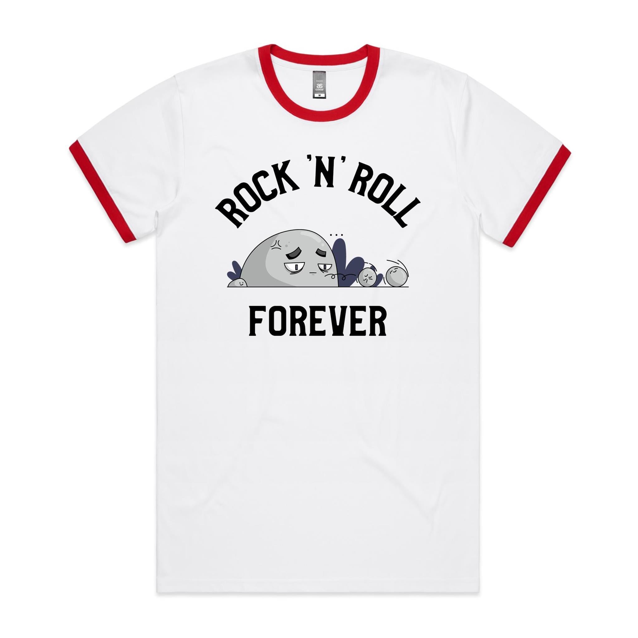 Rock And Roll Forever - Staple Ringer Tee White Red Ringer T-Shirt Music Printed In Australia