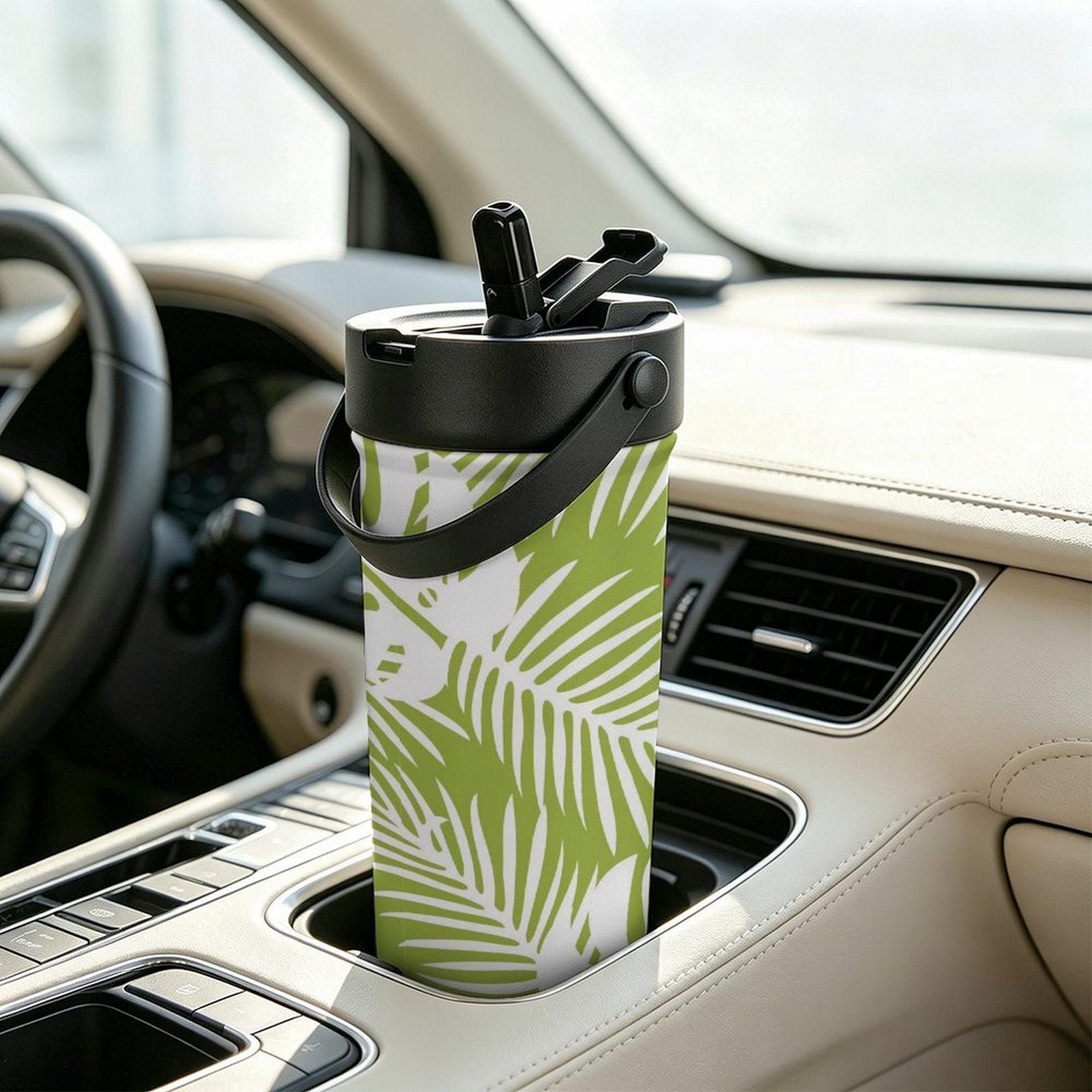 Green Tropical Leaves 20oz Tea Tumbler with Carry Handle