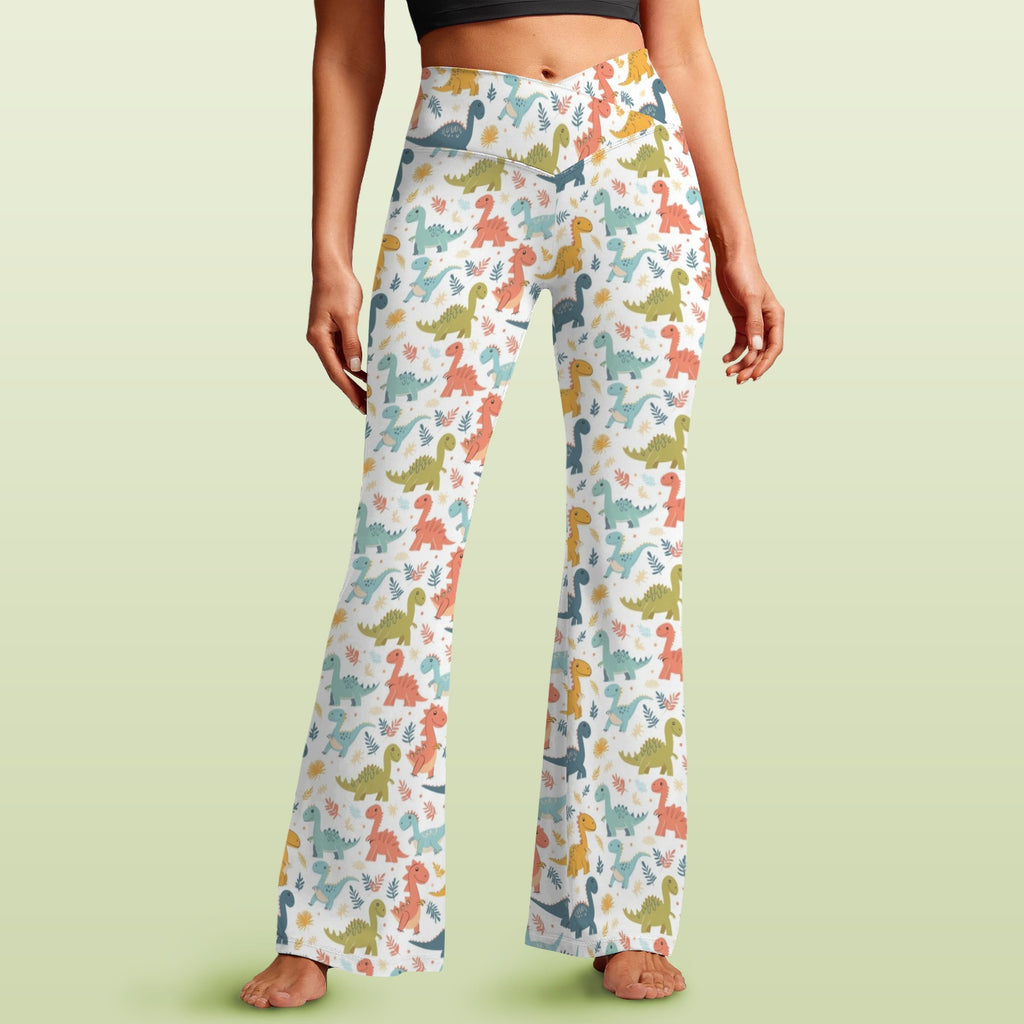 Cute Colourful Dinosaurs High Waist Crossover Tummy Control Flare Leggings 5XL High Waist Flare Leggings animal Printed Offshore