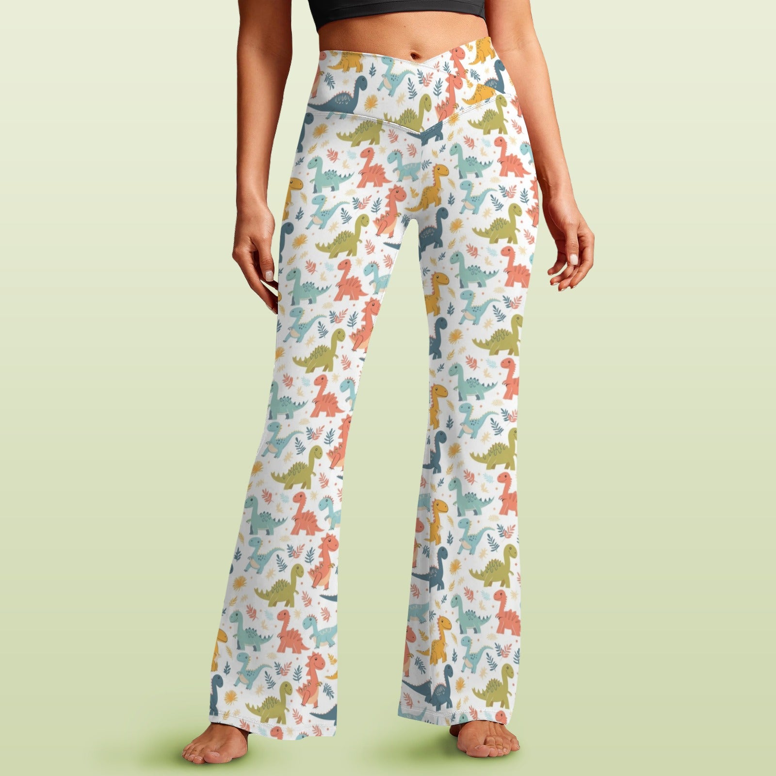 Cute Colourful Dinosaurs High Waist Crossover Tummy Control Flare Leggings 5XL High Waist Flare Leggings animal Printed Offshore