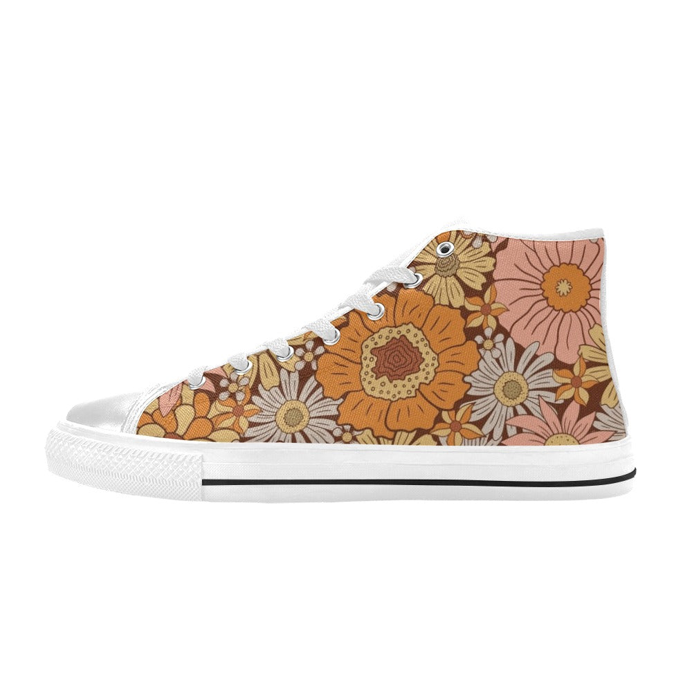 Orange Retro Floral Men's High Top Canvas Shoes US12 Men's Classic High Top Canvas Shoes Plants Printed Offshore