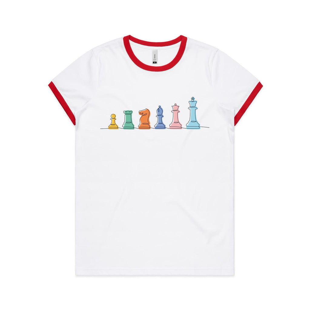 Chess - Women's Ringer Tee White Red Womens Ringer T-shirt Chess Games Printed In Australia
