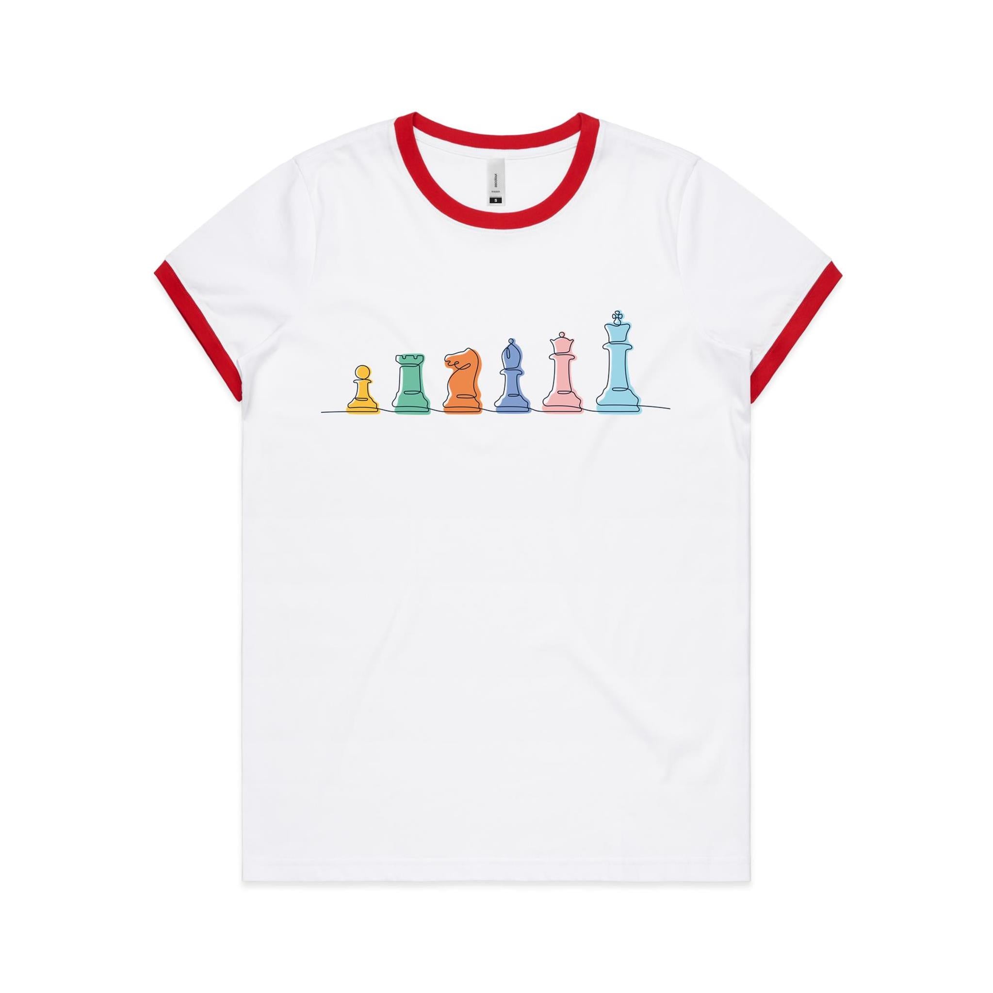 Chess - Women's Ringer Tee White Red Womens Ringer T-shirt Chess Games Printed In Australia