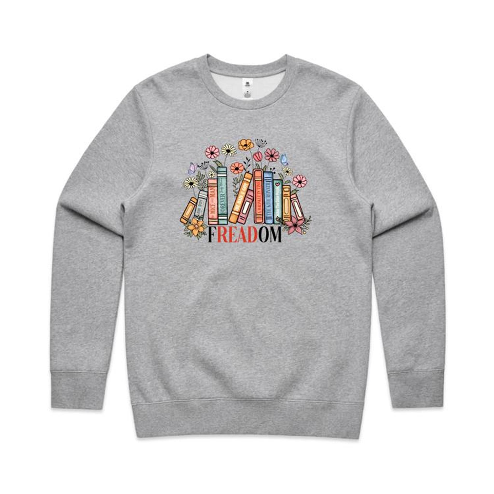 Freedom, Reading Books - AS Colour Stencil Crew Grey Marle Sweatshirt Printed In Australia Reading