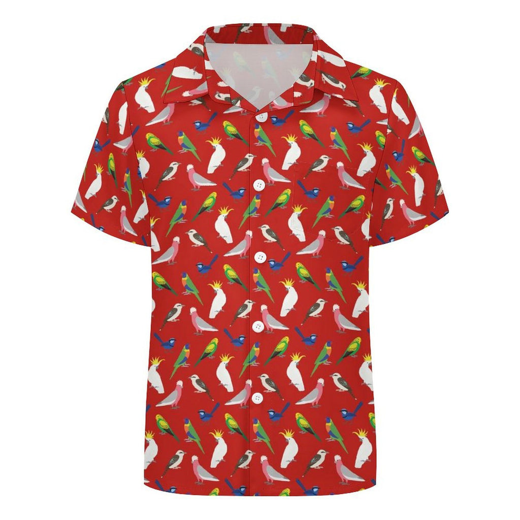 Australian Birds On Red Kids Youth Short Sleeve Button Up Shirt