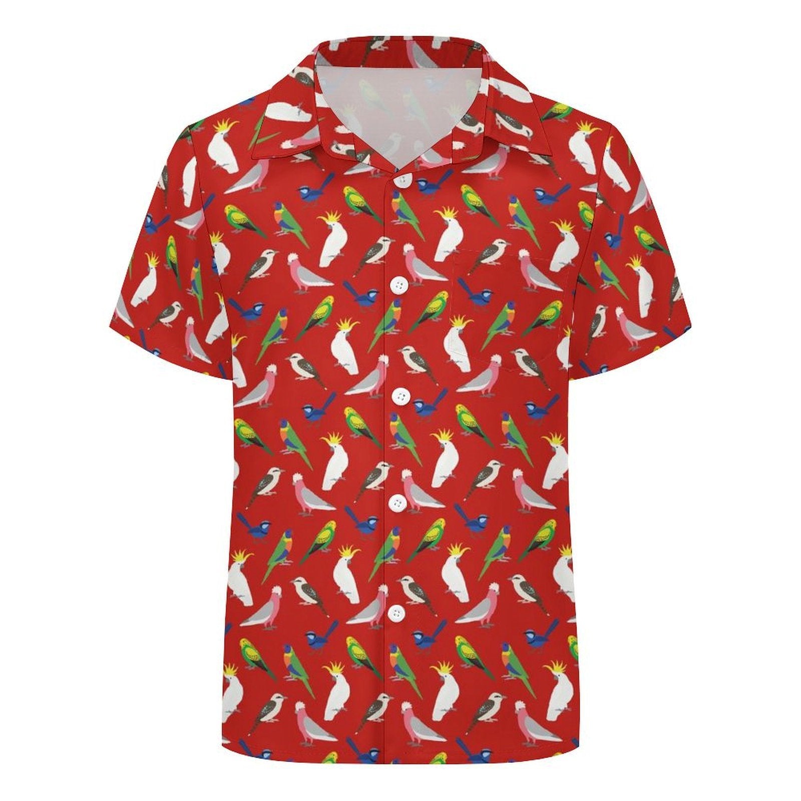 Australian Birds On Red Kids Youth Short Sleeve Button Up Shirt