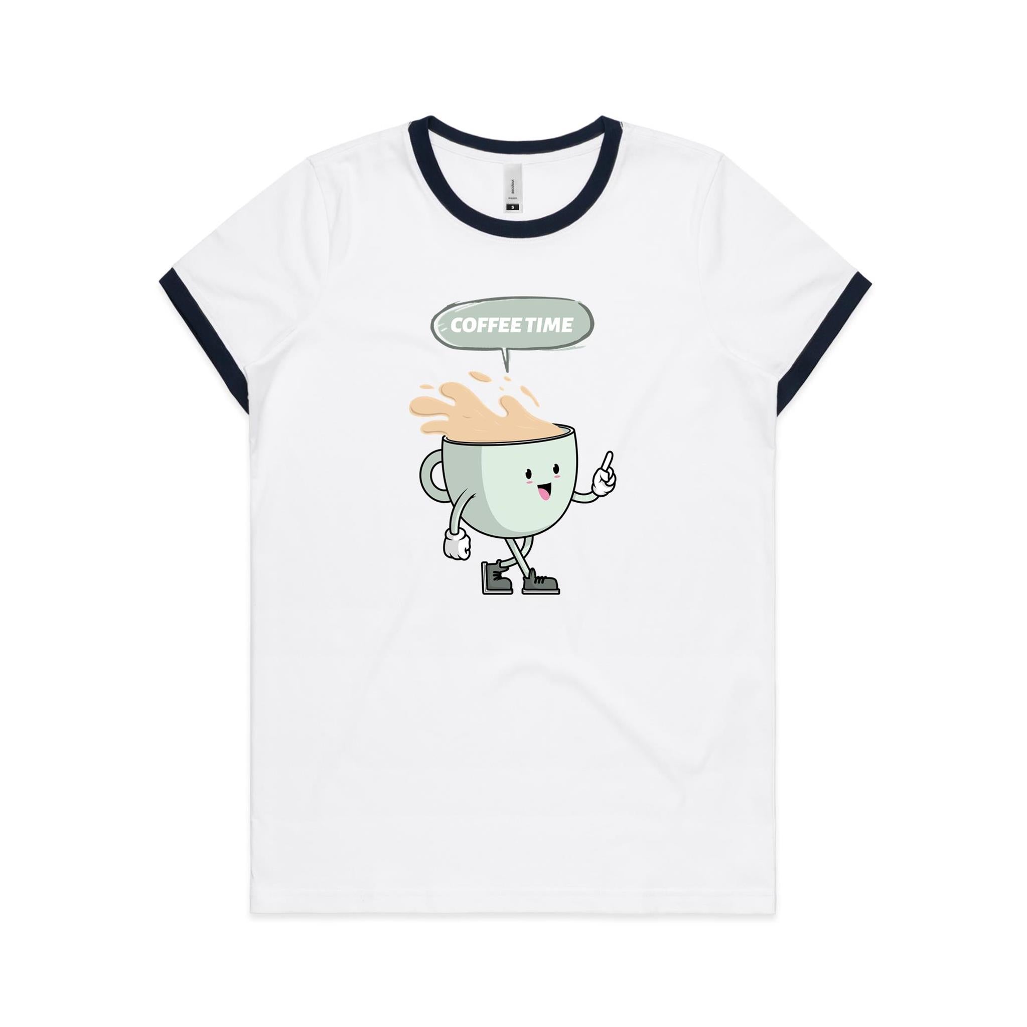 Coffee Time - Women's Ringer Tee White Navy Womens Ringer T-shirt Coffee Printed In Australia